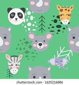 Seamless pattern with rhinoceros, elephant, crocodile, whale. Creative bay animals background. Perfect for kids