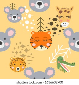Seamless pattern with rhinoceros, elephant, crocodile. Creative bay animals background. Perfect for kids
