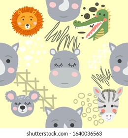 Seamless pattern with rhinoceros, elephant, crocodile, whale. Creative bay animals background. Perfect for kids