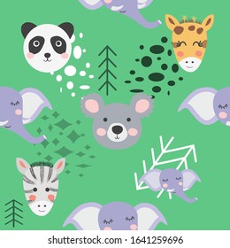 Seamless pattern with rhinoceros, elephant, crocodile, whale. Creative bay animals background. Perfect for kids