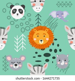 Seamless pattern with rhinoceros, elephant, crocodile. Creative bay animals background. Perfect for kids