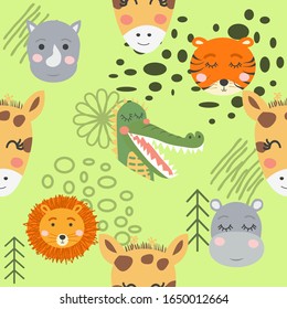 Seamless pattern with rhinoceros, elephant, crocodile. Creative bay animals background. Perfect for kids