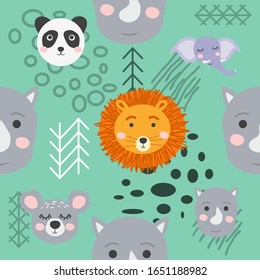 Seamless pattern with rhinoceros, elephant, crocodile, whale. Creative bay animals background. Perfect for kids