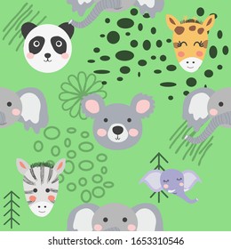 Seamless pattern with rhinoceros, elephant, crocodile, whale. Creative bay animals background. Perfect for kids