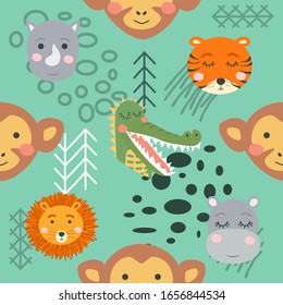 Seamless pattern with rhinoceros, elephant, crocodile. Creative bay animals background. Perfect for kids