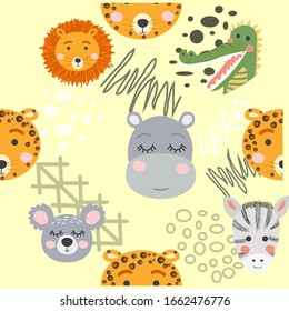 Seamless pattern with rhinoceros, elephant, crocodile, whale. Creative bay animals background. Perfect for kids