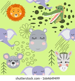 Seamless pattern with rhinoceros, elephant, crocodile, whale. Creative bay animals background. Perfect for kids
