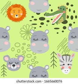 Seamless pattern with rhinoceros, elephant, crocodile, whale. Creative bay animals background. Perfect for kids