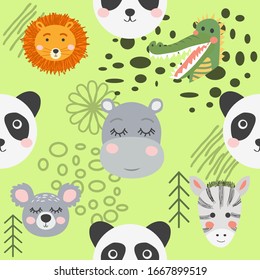 Seamless pattern with rhinoceros, elephant, crocodile, whale. Creative bay animals background. Perfect for kids