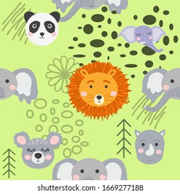 Seamless pattern with rhinoceros, elephant, crocodile. Creative bay animals background. Perfect for kids