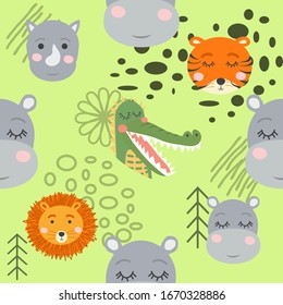 Seamless pattern with rhinoceros, elephant, crocodile. Creative bay animals background. Perfect for kids