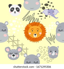 Seamless pattern with rhinoceros, elephant, crocodile. Creative bay animals background. Perfect for kids