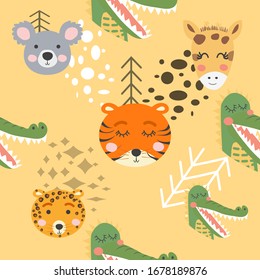Seamless pattern with rhinoceros, elephant, crocodile. Creative bay animals background. Perfect for kids