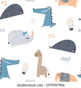 Seamless pattern with rhinoceros, elephant, crocodile, whale. Creative animals background. Perfect for kids apparel,fabric, textile, nursery decoration,wrapping 