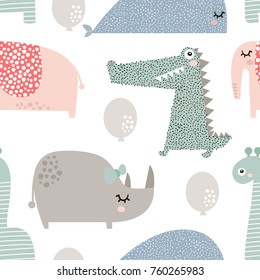 Seamless pattern with rhinoceros, elephant, crocodile, whale. Creative bay animals background. Perfect for kids apparel,fabric, textile, nursery decoration,wrapping paper.Vector Illustration