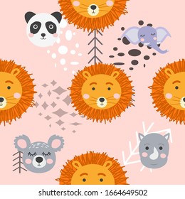 Seamless pattern with rhinoceros, elephant, lion. Creative animals background. Perfect for kids