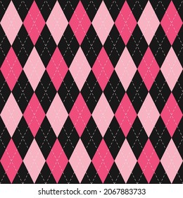 Seamless pattern with rhombus geometric, or diamonds shape, or harlequin, or argyle made of pink and dark pink on black color background.