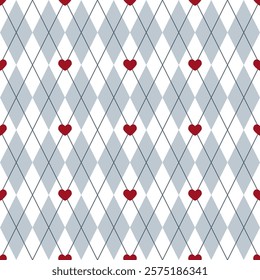 Seamless pattern of rhombus and hearts argyle style on a blue background