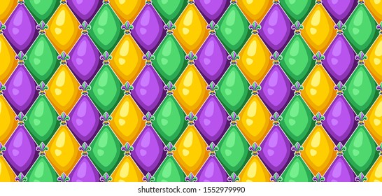 Seamless pattern with rhombus in Mardi Gras colors. Carnival background for traditional holiday or festival.