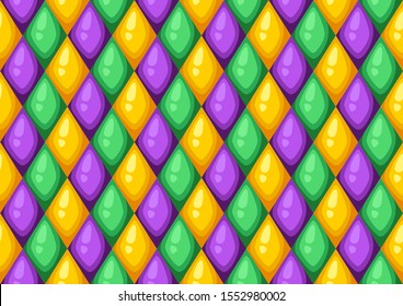 Seamless pattern with rhombus in Mardi Gras colors. Carnival background for traditional holiday or festival.