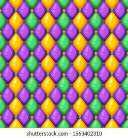 Seamless pattern with rhombus in Mardi Gras colors. Carnival background for traditional holiday or festival.