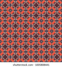 Seamless pattern with rhombus and polygons forming abstract wallpaper. Stylish red, orange and black texture. Vector abstract geometric background.