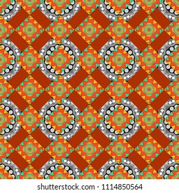 Seamless pattern with rhombus and polygons forming abstract wallpaper. Stylish gray, green and orange texture. Vector abstract geometric background.