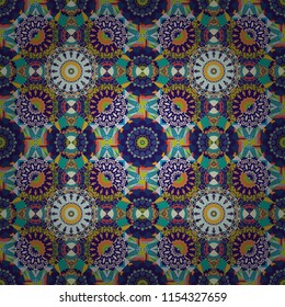 Seamless pattern with rhombus and polygons forming abstract wallpaper. Stylish beige, black and blue texture. Vector abstract geometric background.