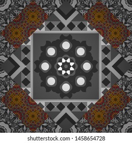 Seamless pattern with rhombus and polygons forming abstract wallpaper. Stylish blue, gray and brown texture. Vector abstract geometric background.