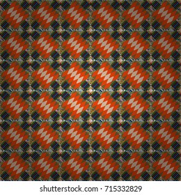 Seamless pattern with rhombus and polygons forming abstract wallpaper. Stylish brown, black and orange texture. Vector abstract geometric background.