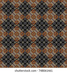 Seamless pattern with rhombus and polygons forming abstract wallpaper. Stylish black, brown and gray texture. Vector abstract geometric background.