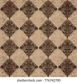 Seamless pattern with rhombus and swirls in vintage style. Retro vector background pattern in brown and beige