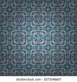 Seamless pattern with rhombus and tiles. Vintage decorative repainting art with ethnic motifs in green, pink and blue colors. Abstract geometric squares with round symmetry.