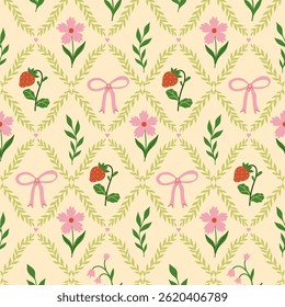 Seamless pattern with rhombuses, bows, flowers, strawberries. Vector graphics.