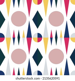 seamless pattern with rhombuses, circles and triangles in yellow blue and pink colors on a light background, vector pattern