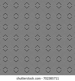 Seamless pattern with rhombuses (squares), black white diagonal braided striped lines. Optical illusion effect. Geometric tile in op art style. Vector ornamental background. Futuristic vibrant design.
