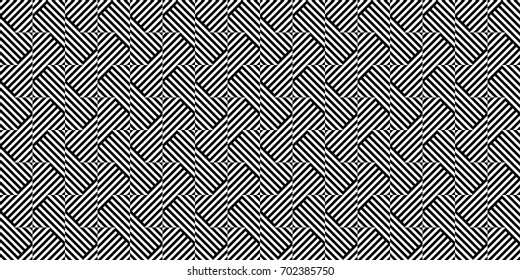 Seamless pattern with rhombuses (squares), black white diagonal braided striped lines. Optical illusion effect. Geometric tile in op art style. Vector ornamental background. Futuristic vibrant design.