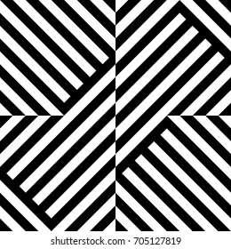 Seamless pattern with rhombuses (squares), black white diagonal braided striped lines. Optical illusion effect. Geometric tile in op art style. Vector ornamental background. Futuristic vibrant design.