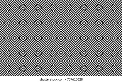 Seamless pattern with rhombuses (squares), black white diagonal braided striped lines. Optical illusion effect. Geometric tile in op art style. Vector ornamental background. Futuristic vibrant design.