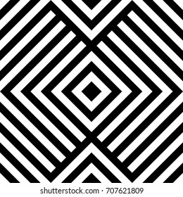 Seamless pattern with rhombuses (squares), black white diagonal braided striped lines. Optical illusion effect. Geometric tile in op art style. Vector ornamental background. Futuristic vibrant design.