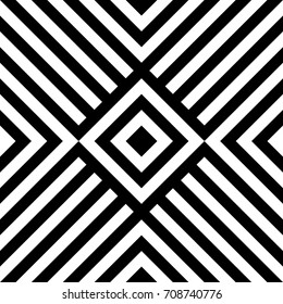 Seamless pattern with rhombuses (squares), black white diagonal braided striped lines. Optical illusion effect. Geometric tile in op art style. Vector ornamental background. Futuristic vibrant design.