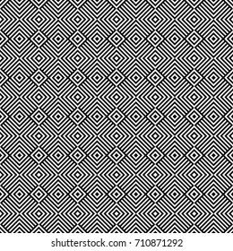 Seamless pattern with rhombuses (squares), black white diagonal braided striped lines. Optical illusion effect. Geometric tile in op art style. Vector ornamental background. Futuristic vibrant design.