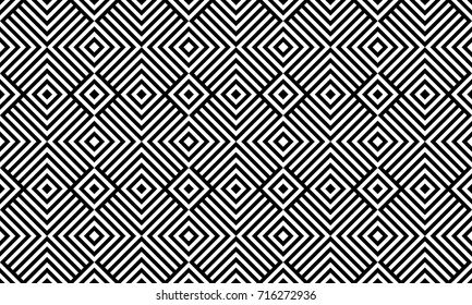 Seamless pattern with rhombuses (squares), black white diagonal braided striped lines. Optical illusion effect. Geometric tile in op art style. Vector ornamental background. Futuristic vibrant design.