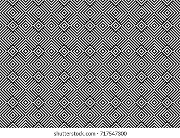 Seamless pattern with rhombuses (squares), black white diagonal braided striped lines. Optical illusion effect. Geometric tile in op art style. Vector ornamental background. Futuristic vibrant design.