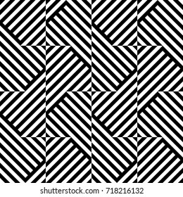 Seamless pattern with rhombuses (squares), black white diagonal braided striped lines. Optical illusion effect. Geometric tile in op art style. Vector ornamental background. Futuristic vibrant design.