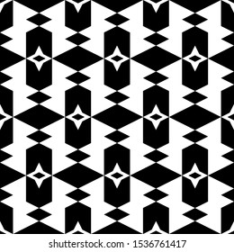 Seamless pattern. Rhombuses, stars, figures ornament. Polygons background. Simple shapes wallpaper. Geometrical backdrop. Digital paper, web designing, textile print, abstract. Vector artwork.