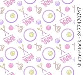 Seamless pattern with rhythmic gymnastics objects. Vector background in soft pastel shades with cartoon sporty elements