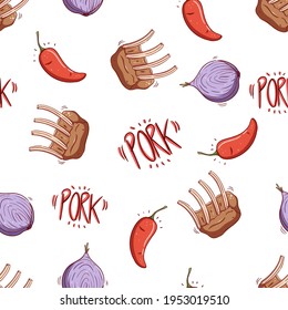 seamless pattern of rib steak, chili and onion with doodle style