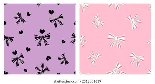 Seamless pattern with ribbon bow and black heart on purple background. Seamless pattern with ribbon bow on pink background vector.