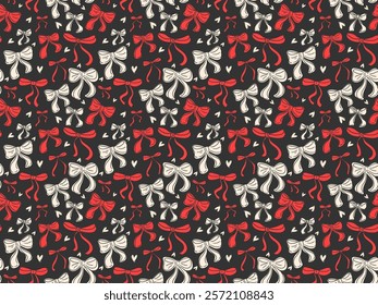 Seamless pattern with ribbon, bow in cartoon style. Cute trendy design. Vector funky illustration. Ballet-core, coquette-core background.